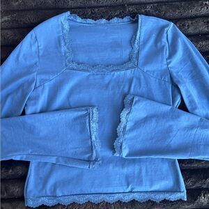 Blue Long Sleeve Top with Lace Trim